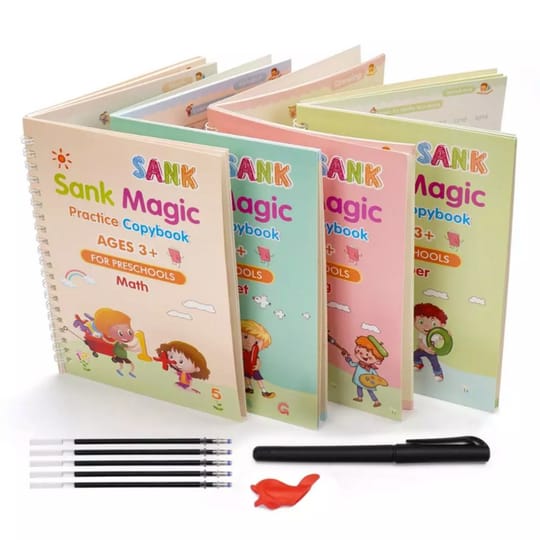 Sank Magic Practice Copybook Set – 4 Pcs Reusable Handwriting Practice Books With 10 Refills for Kids