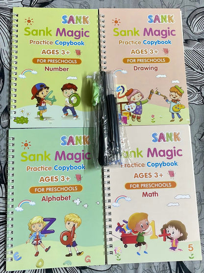 Sank Magic Practice Copybook Set – 4 Pcs Reusable Handwriting Practice Books With 10 Refills for Kids