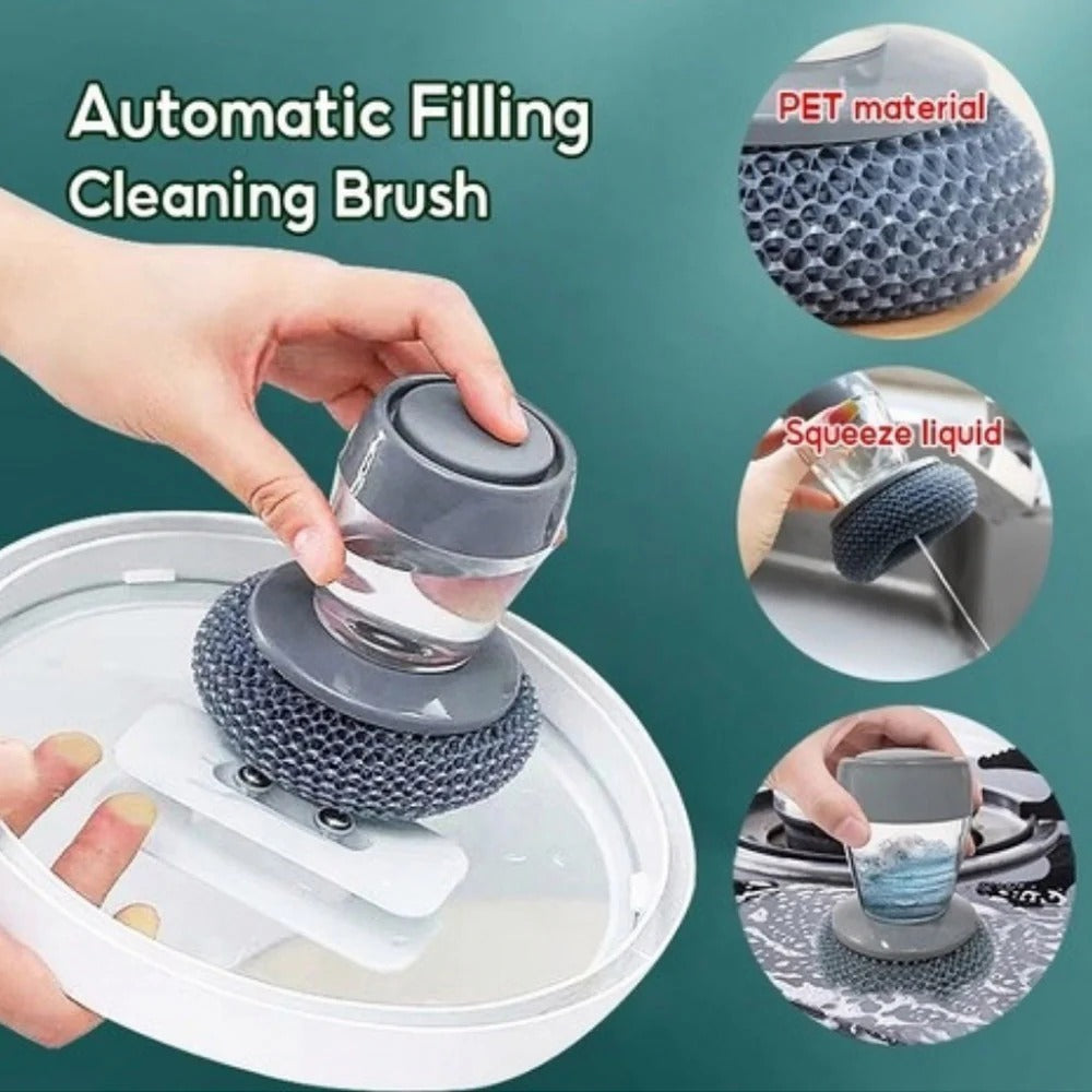 Kitchen Soap Dispensing Palm Brush – Automatic Filling Dish Scrubber with PET Bristles