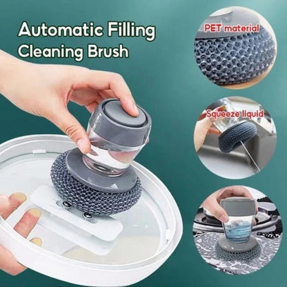 Kitchen Soap Dispensing Palm Brush – Automatic Filling Dish Scrubber with PET Bristles